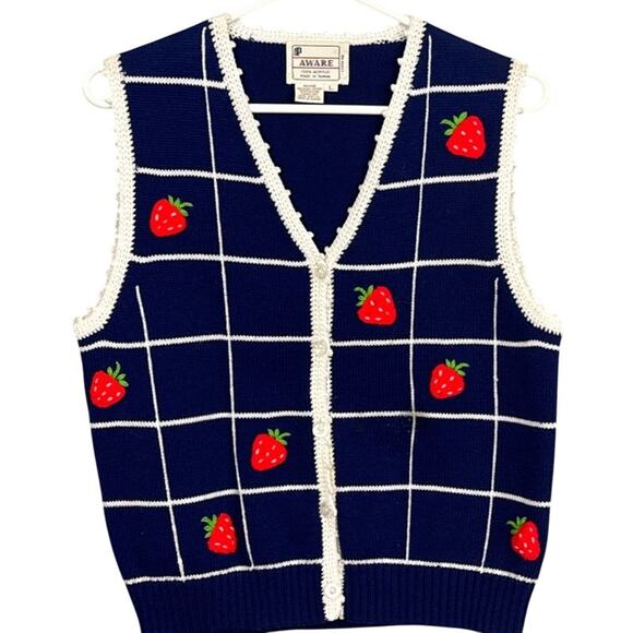 Vintage Sweaters - Vintage Strawberry Knit Vest Blue White Red Size L Grandmacore Cottagecore